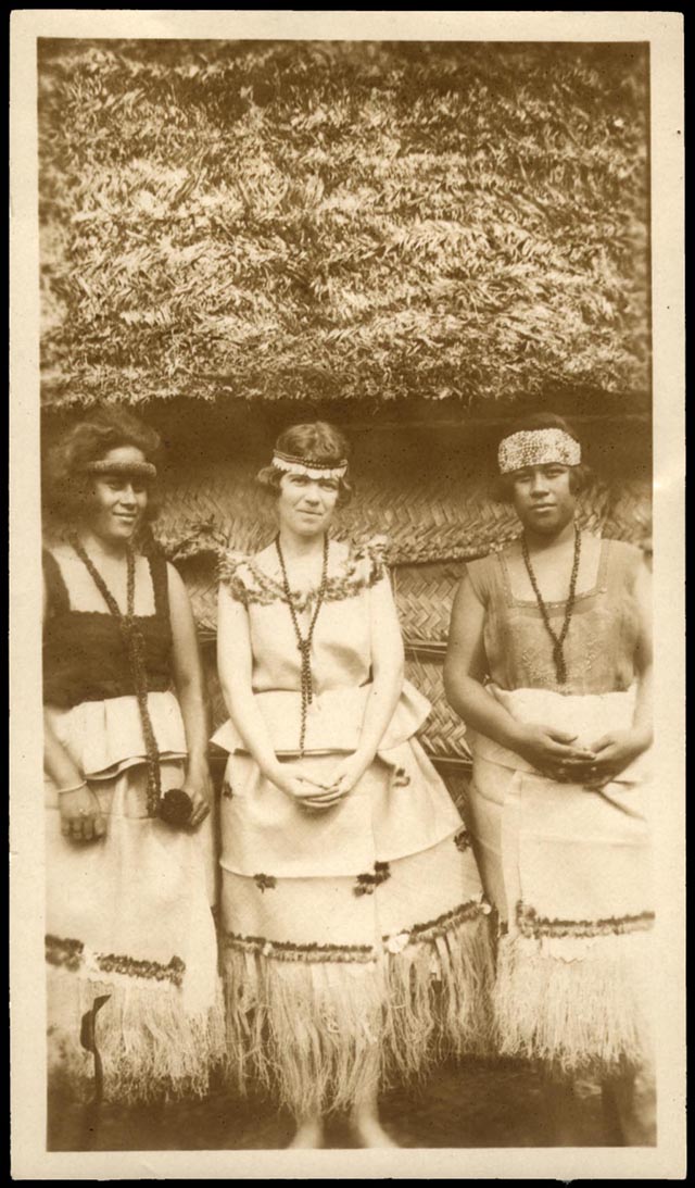 Margaret Mead standing between two Samoan girls, c1926.